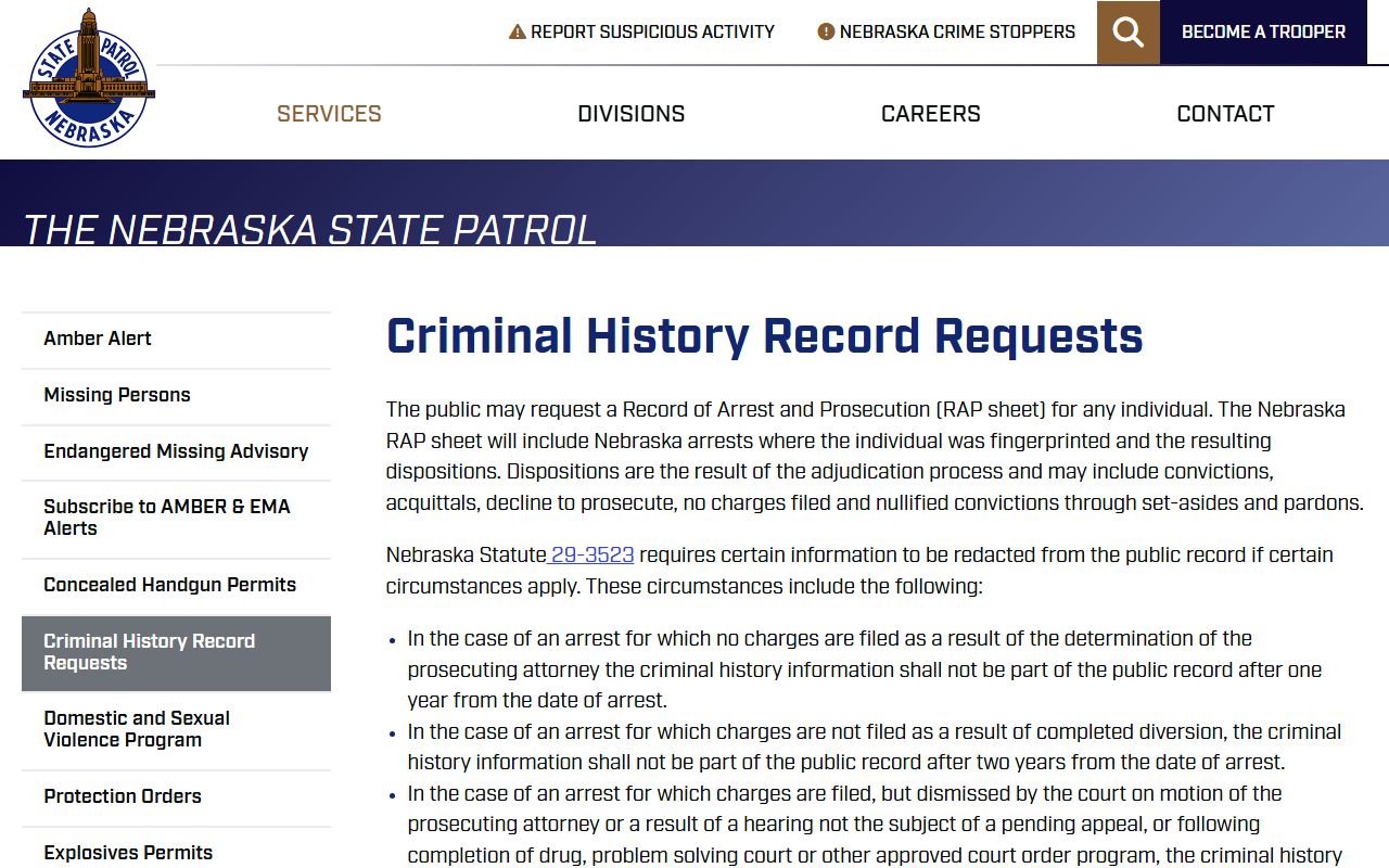 Nebraska State Patrol adult arrest record limits for Merrick County mugshot requests